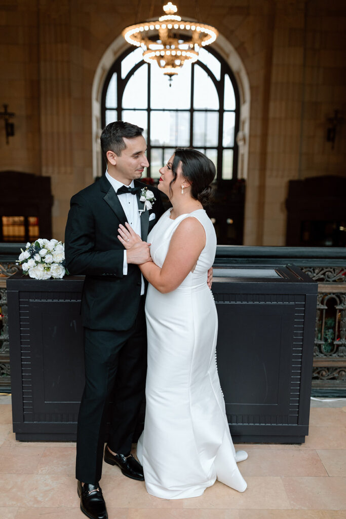 bride and groom indoor portraits in union station kc