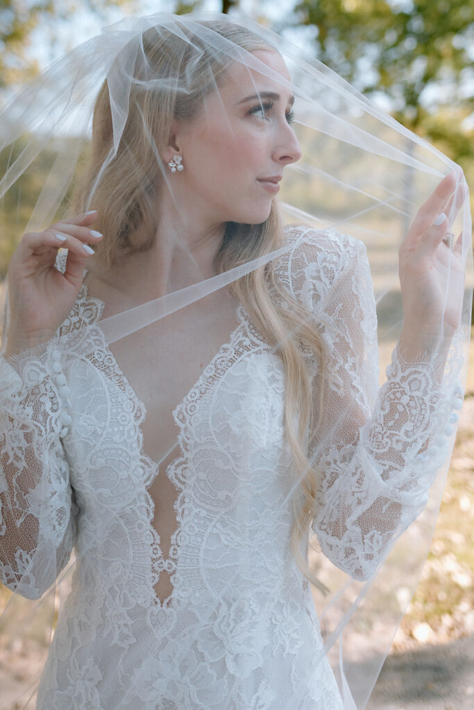 bridal portraits with veil lace wedding dress