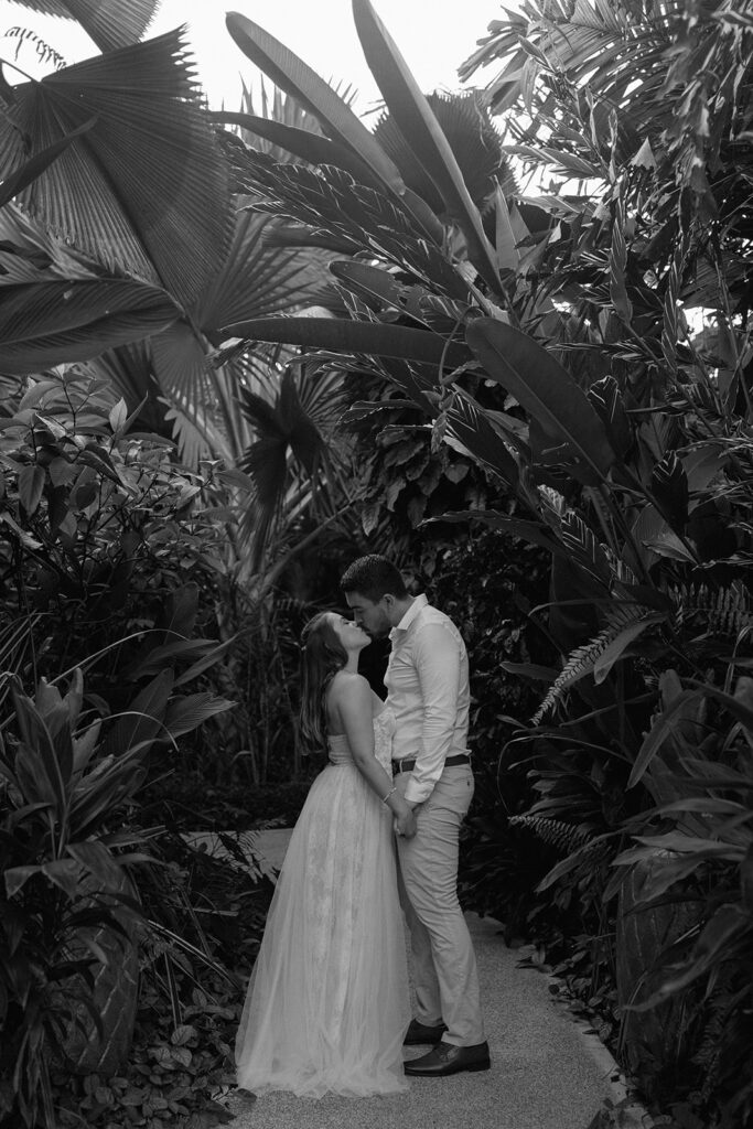 bride and groom kiss pose in the jungle