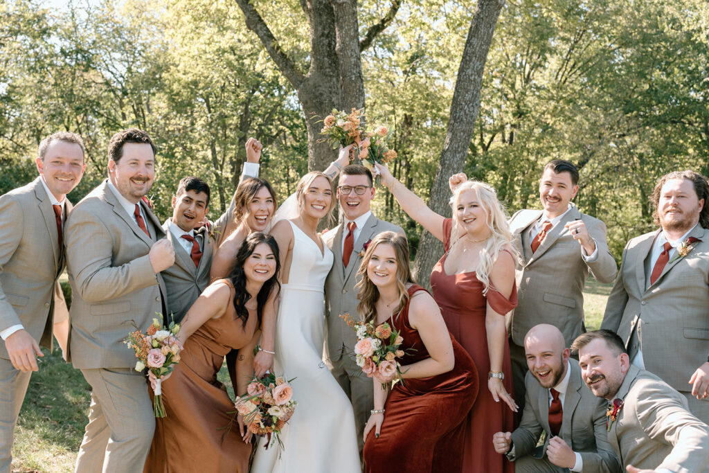 bridal party photos for fall wedding