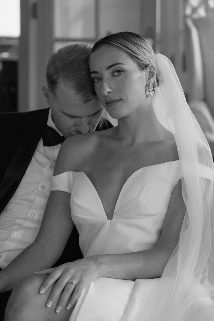 A black and white romantic wedding photo taken at the Historic Longview Mansion wedding venue.