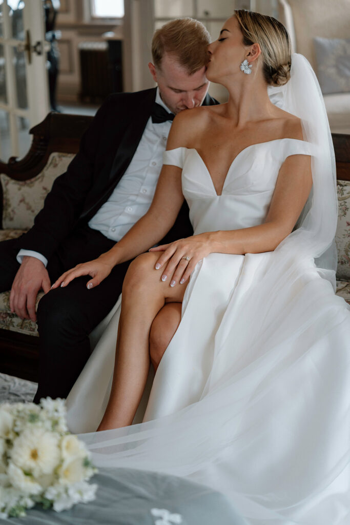 An intimate wedding picture of the model bride and groom for a styled shoot the Histoirc Longview Mansion wedding venue.