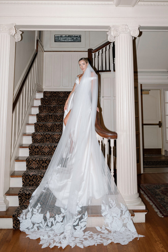 Taylor models the luxury aesthetic wedding dress from Stephanie's Bridal Boutique for the styled wedding at the Historic Longview Mansion.