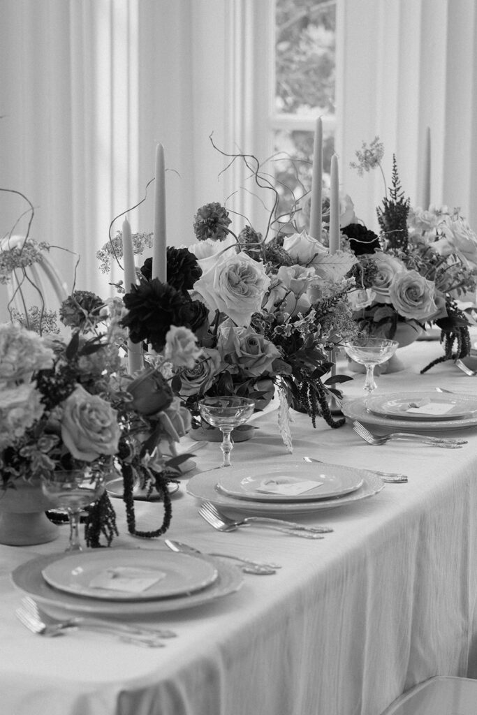A wedding tablescape at Longview Mansion in Kansas City for a styled shoot.