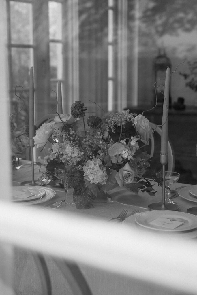 A black and white image of a Floriography wedding bouquet.