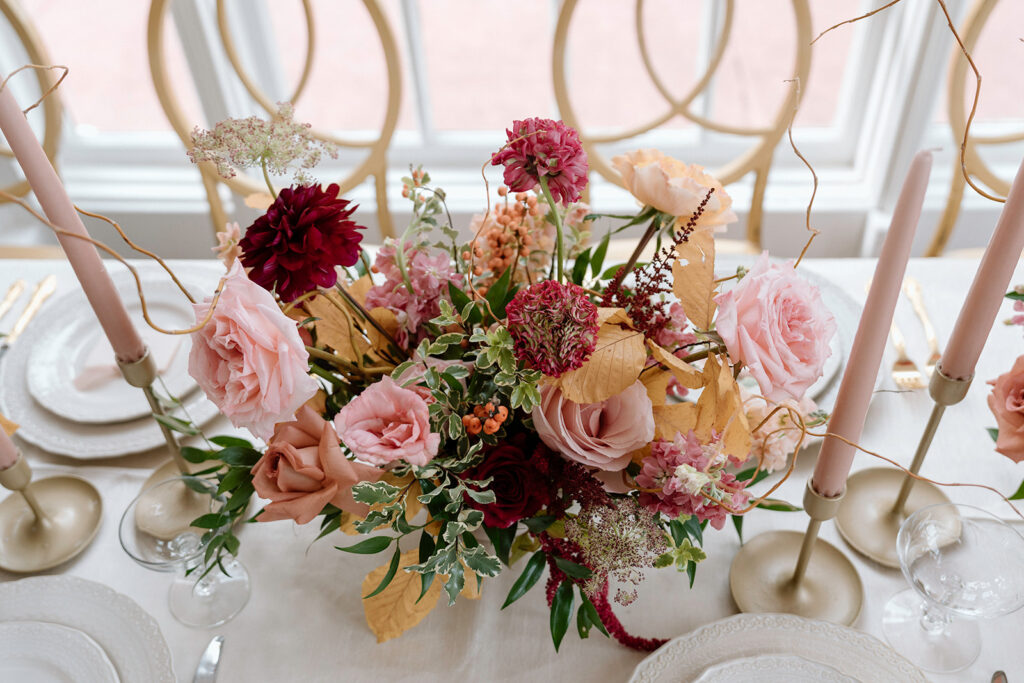 A fall inspired wedding bouquet designed by Floriography KC for this styled wedding at the Historic Longview Mansion.
