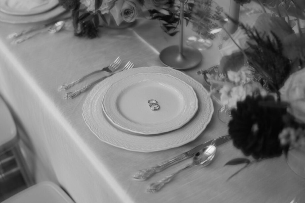 Luxury china and flatware from Quest Events in Kansas City for this styled Kansas City wedding at Longview Mansion.