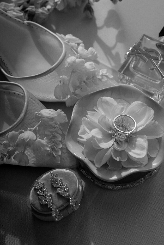 Luxury wedding jewelry from Anne Marie Designs and Bella Belle shoes for a styled shoot at the Historic Longview Mansion wedding venue.