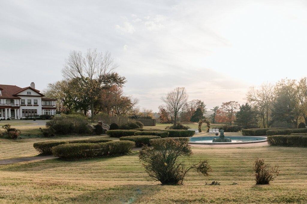 A view of the Historic Sunken Garden at Longview Mansion on a fall wedding day.