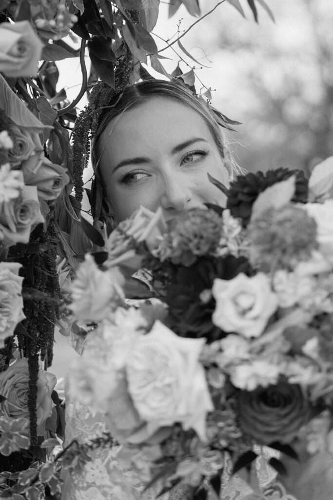 A black and white bridal portrait for a styled Kansas City wedding.