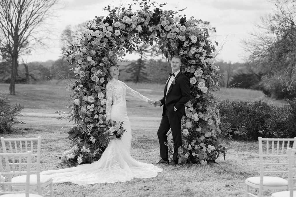 An editorial wedding photo in black and white, taken at a styled shoot at the Historic Longview Mansion wedding venue in Lee's Summit.