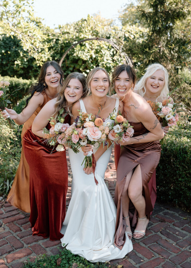 bridal party portraits with fall bridesmaid dresses