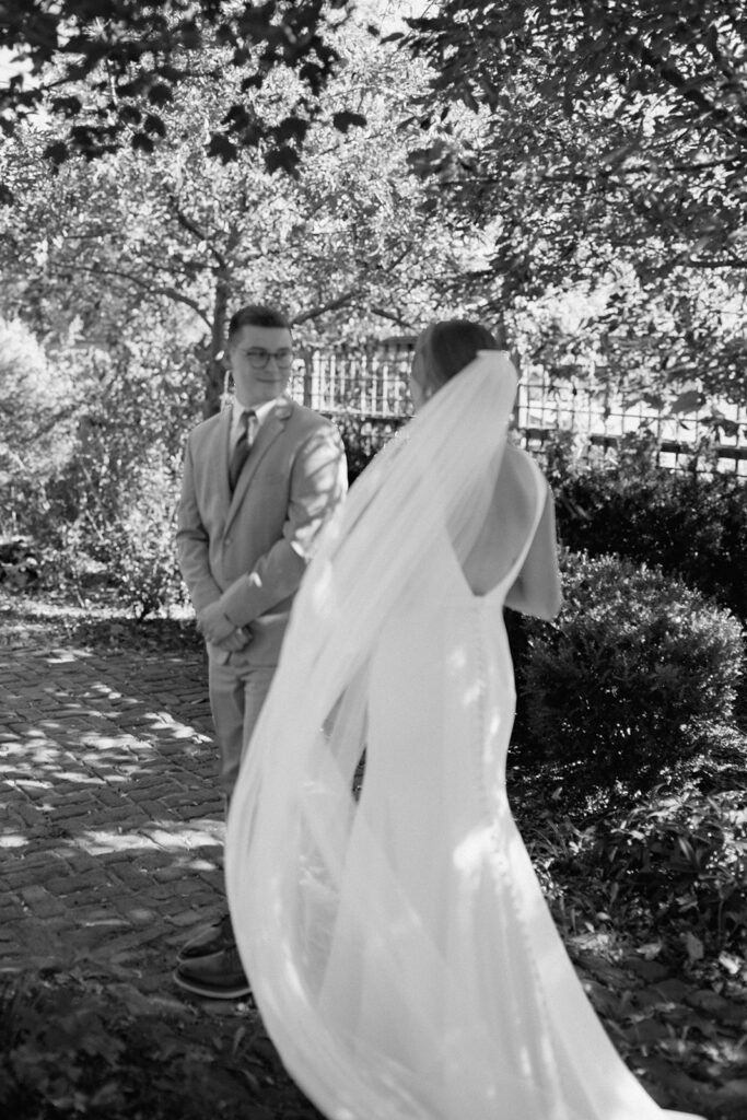 bride and groom first look outside