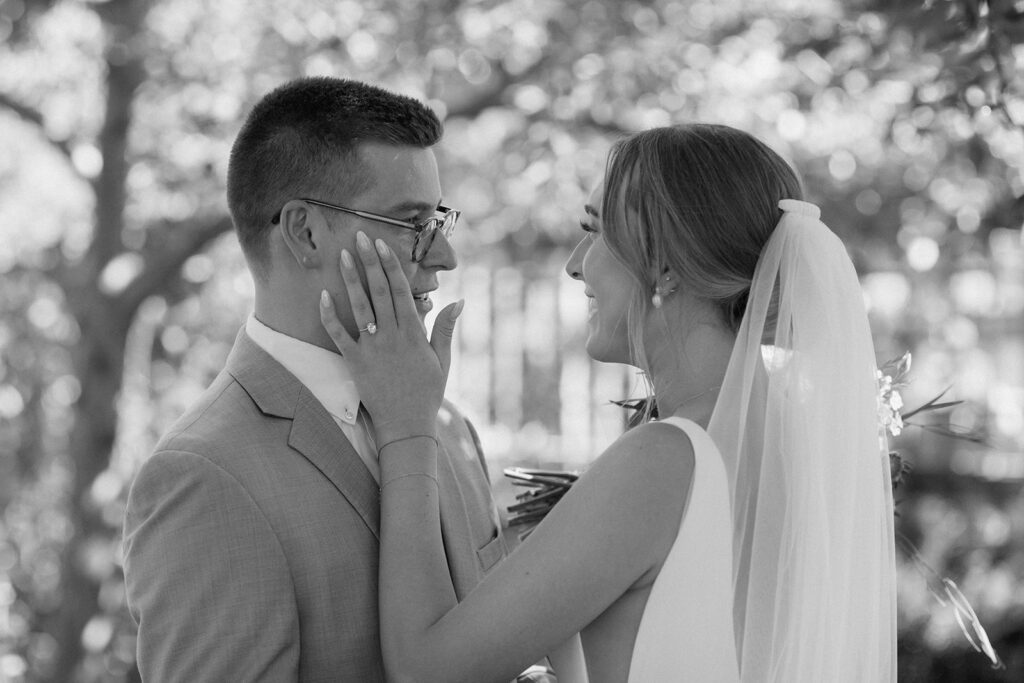bride and groom first look outside