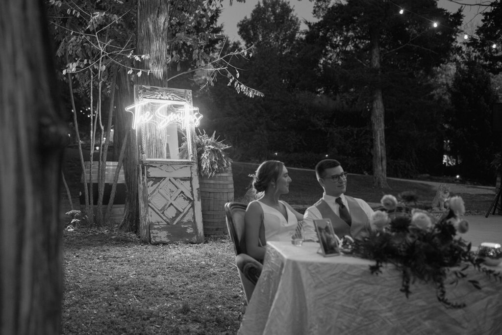 custom neon sign for bride and groom's fall wedding at Gather at Red Cedar Gardens