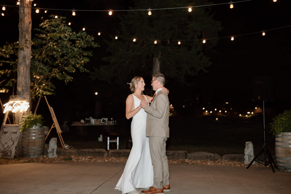 bride and groom first dance for Fall wedding at Gather at Red Cedar Gardens