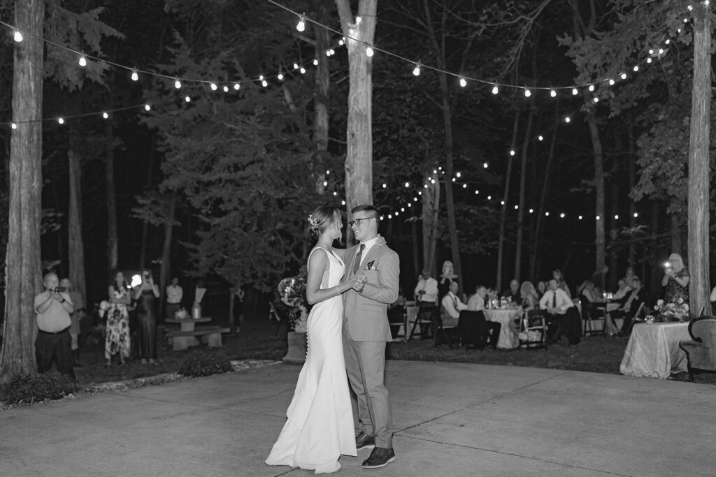 bride and groom first dance for Fall wedding at Gather at Red Cedar Gardens