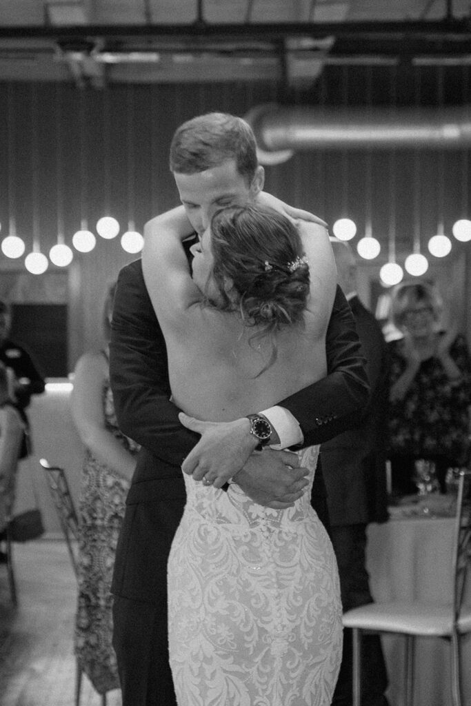 bride and groom first dance at The Hobbs wedding venue