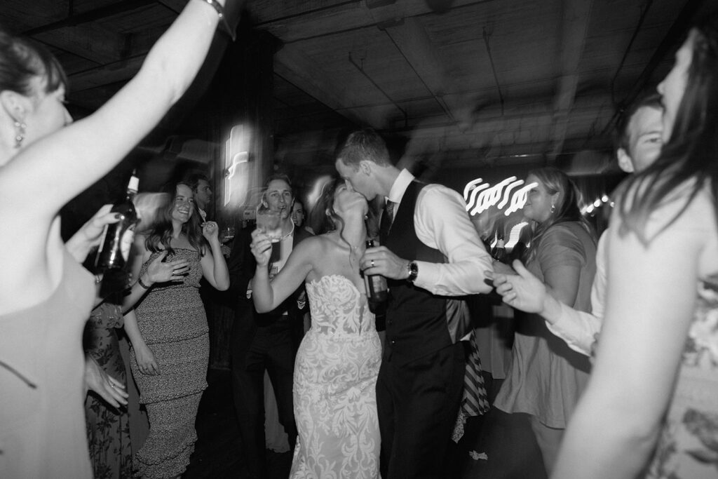 black and white wedding reception pictures of the bride and groom